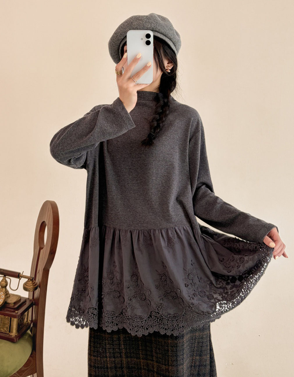 Women's Gray Floral Embroidered Tunic Top
