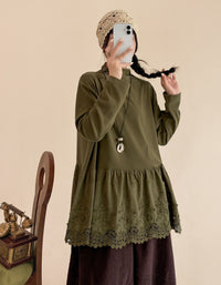 Women's Vintage Gray Embroidered Lace Hem Tunic