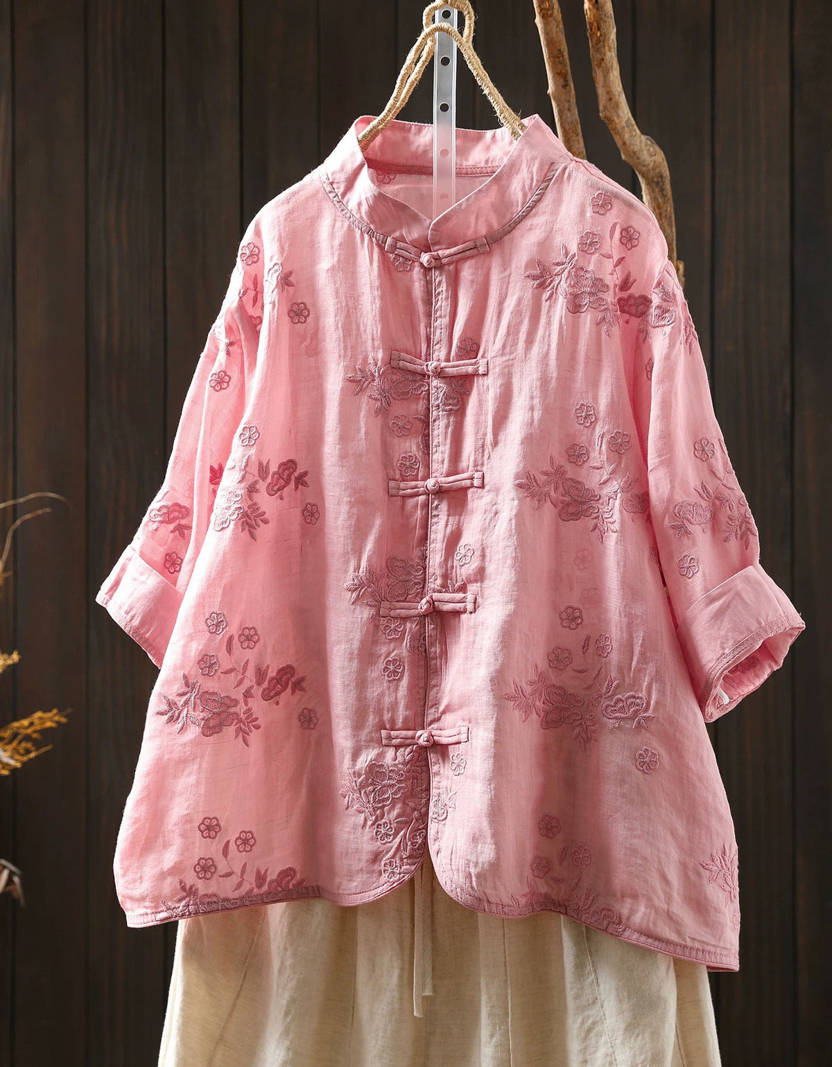 Vintage Floral Embroidered Pink Cotton Shirt for Women