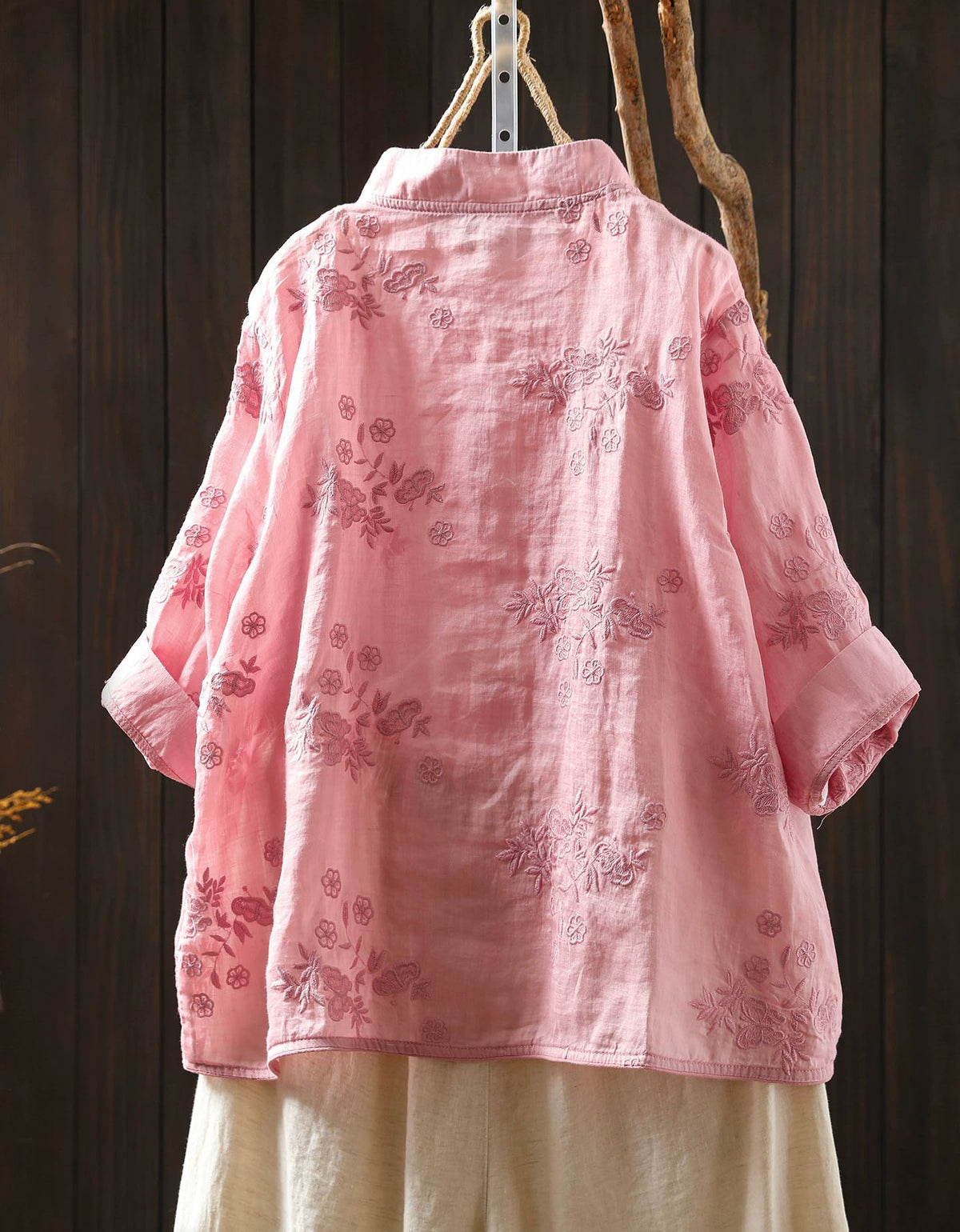 Back View Pink Traditional Chinese Style Embroidered Button Shirt