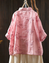 Back View Pink Traditional Chinese Style Embroidered Button Shirt