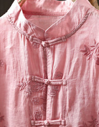Summer Cotton Blouse Women’s Pink Embroidered Vintage Top
