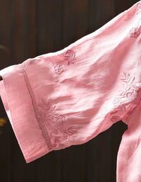 Breathable Cotton Embroidered Pink Top for Women Casual