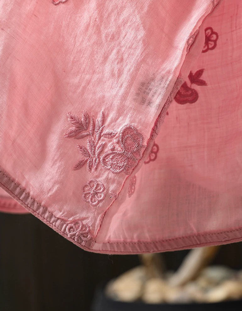 Elegant Pink Women’s Blouse with Vintage Floral Embroidery