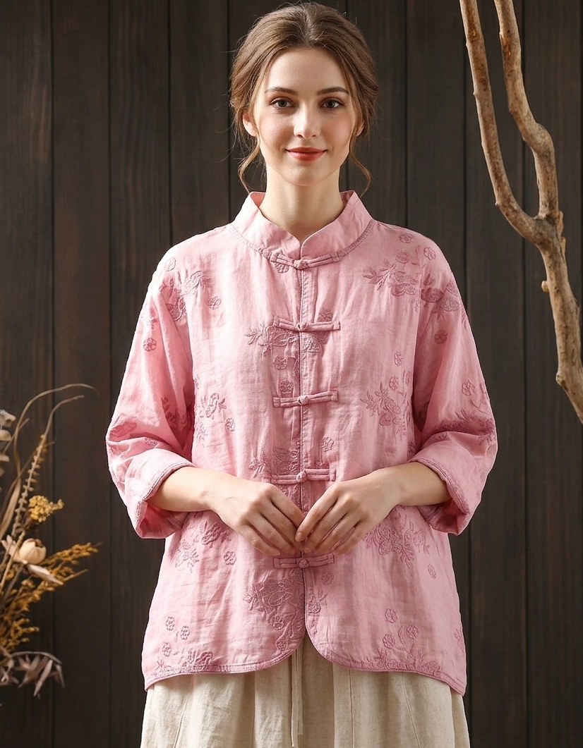 Women’s Pink Embroidered Cotton Blouse Traditional Top