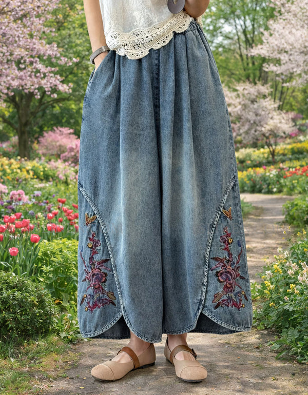 Women’s embroidered wide leg denim pants front view
