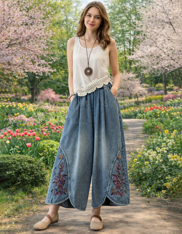 Boho floral embroidered denim pants women casual style