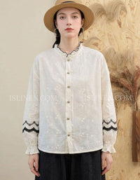 Women White Embroidered Cotton Blouse Vintage Style