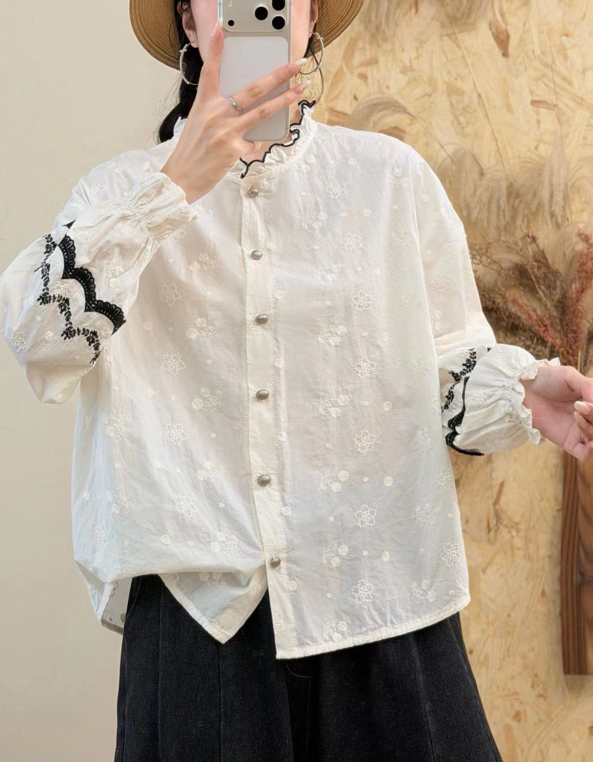 Vintage Floral Embroidery Puff Sleeves Ruffle Collar Shirt