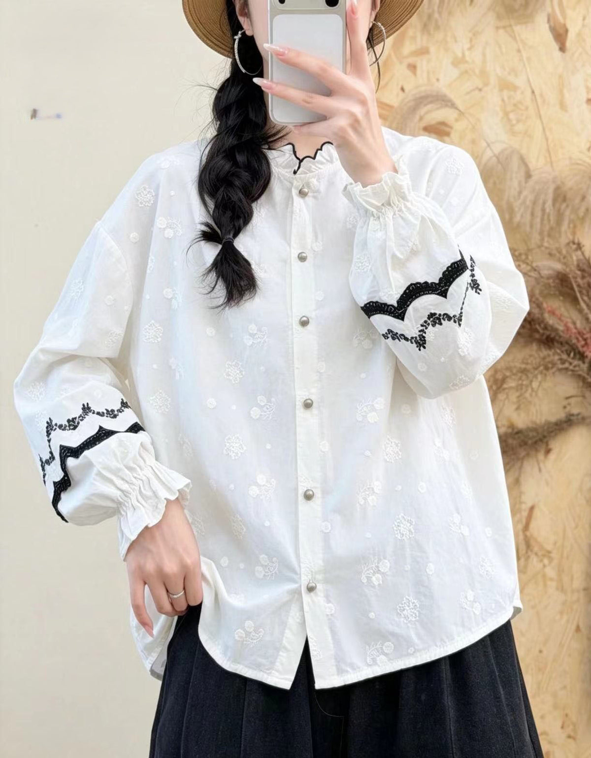 White Floral Embroidery Blouse With Puff Sleeves