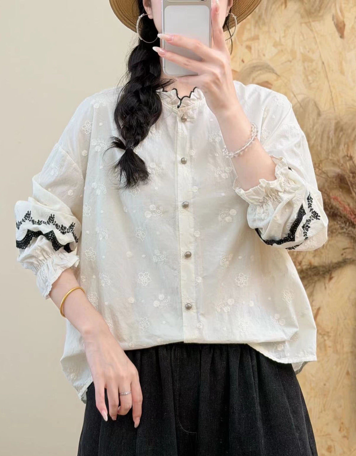 Elegant White Embroidered Button Down Cotton Blouse