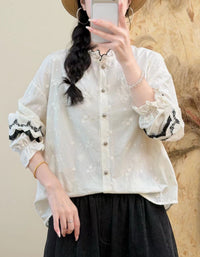 Elegant White Embroidered Button Down Cotton Blouse