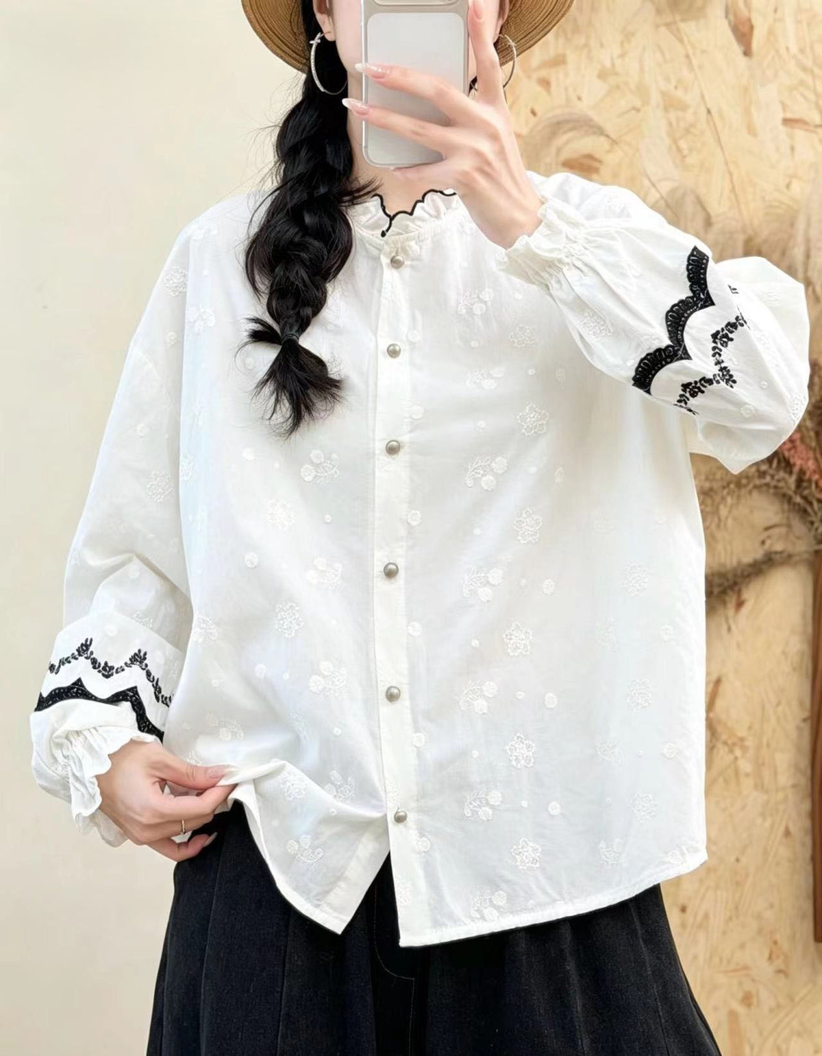 Women Vintage White Eyelet Embroidery Shirt Top