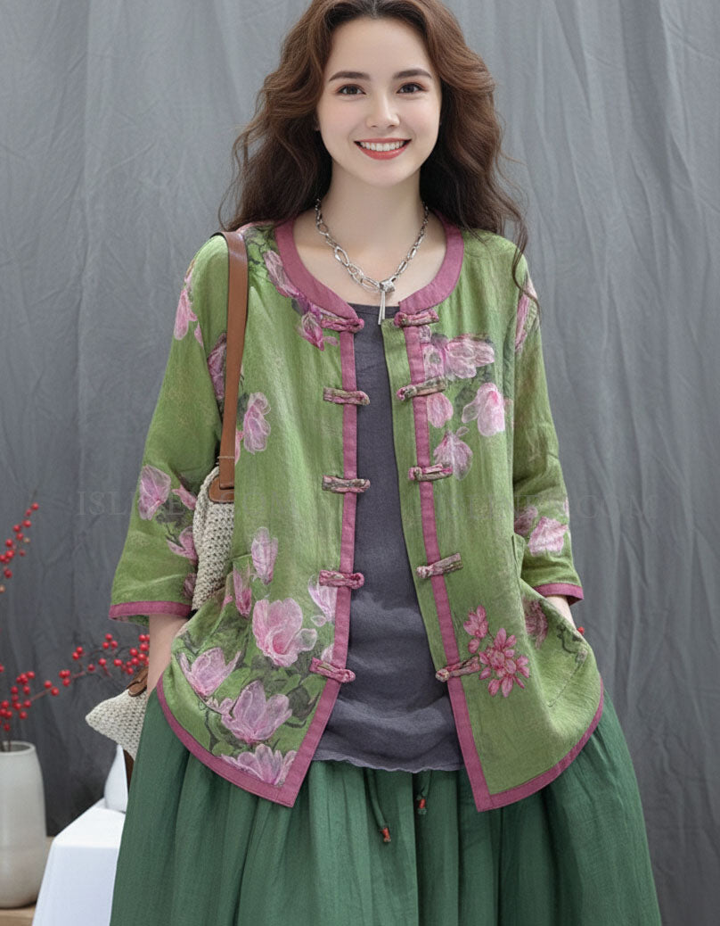 Women wearing vintage floral linen jacket with frog buttons