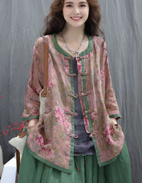 Front view floral linen jacket women loose fit