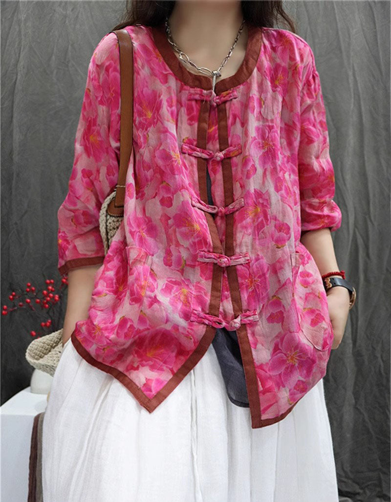 Boho floral linen jacket paired with skirt front view