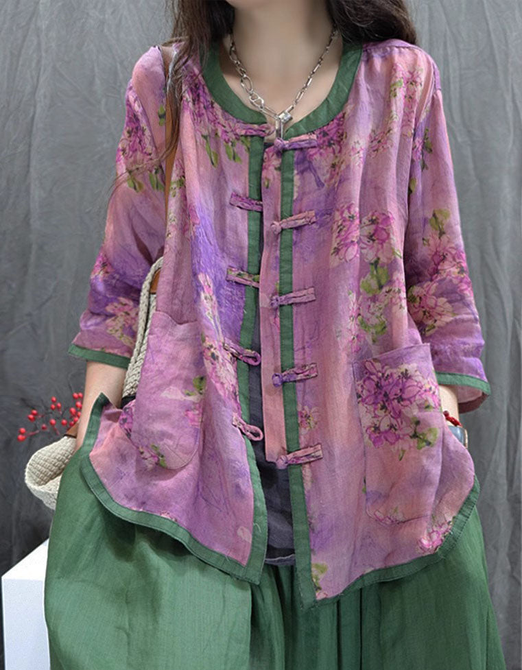 Women wearing vintage floral linen jacket with frog buttons front view