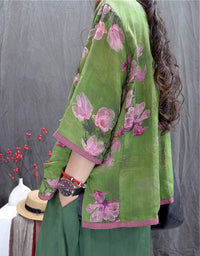 Front view floral linen jacket women loose fit side view