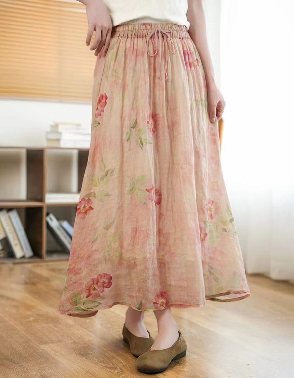 Vintage inspired boho skirt featuring soft pink floral print design