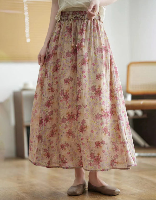 Women’s floral maxi skirt with elastic drawstring waist and flowy fit