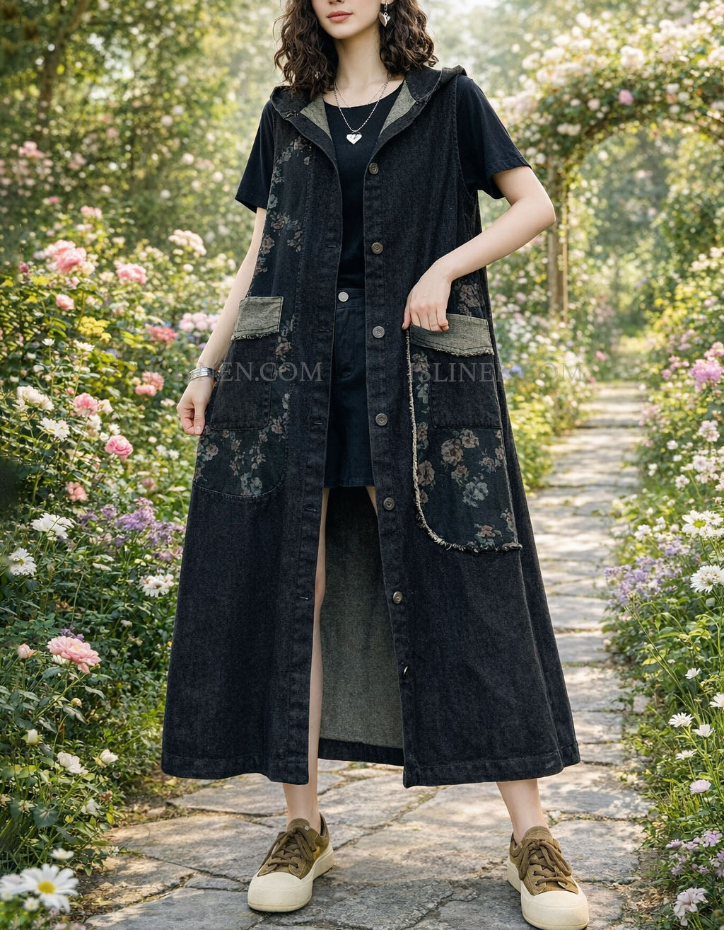 Vintage Floral Hooded Long Denim Vest Dress for Women Black / One size