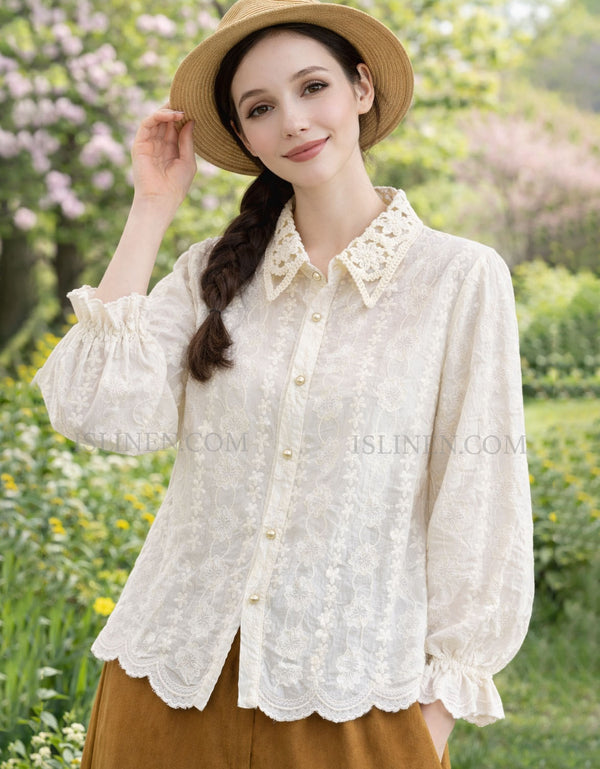 Elegant long sleeve lace blouse for women front view