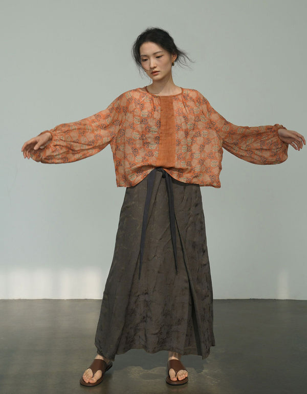 Vintage Floral Lantern Sleeve Loose Linen Blouse