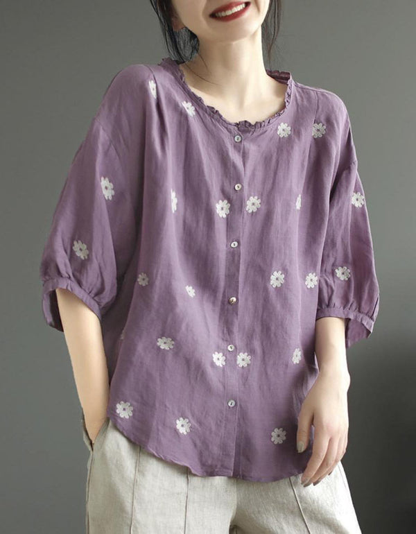 Vintage purple floral linen blouse for women with loose fit