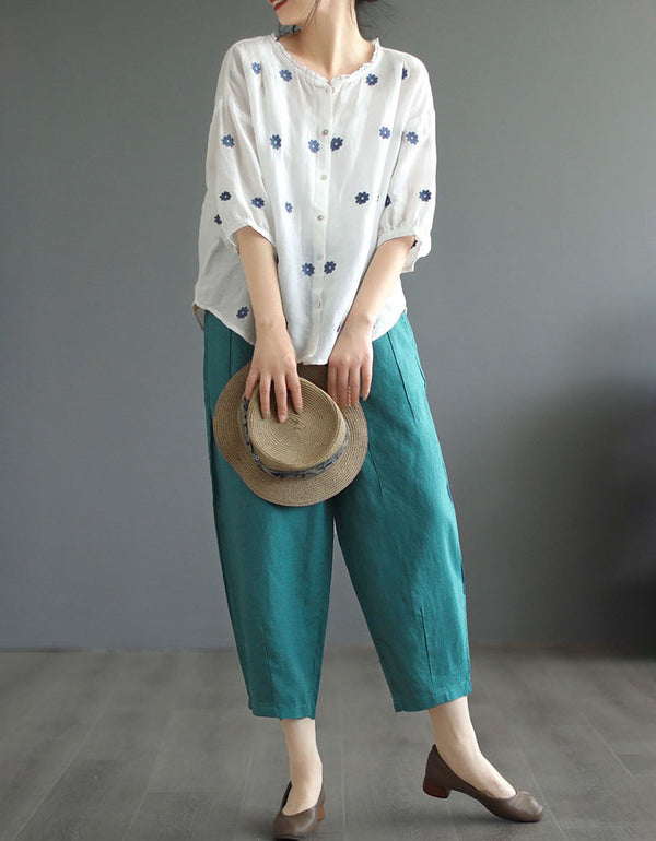 Vintage white floral linen blouse for women with loose fit