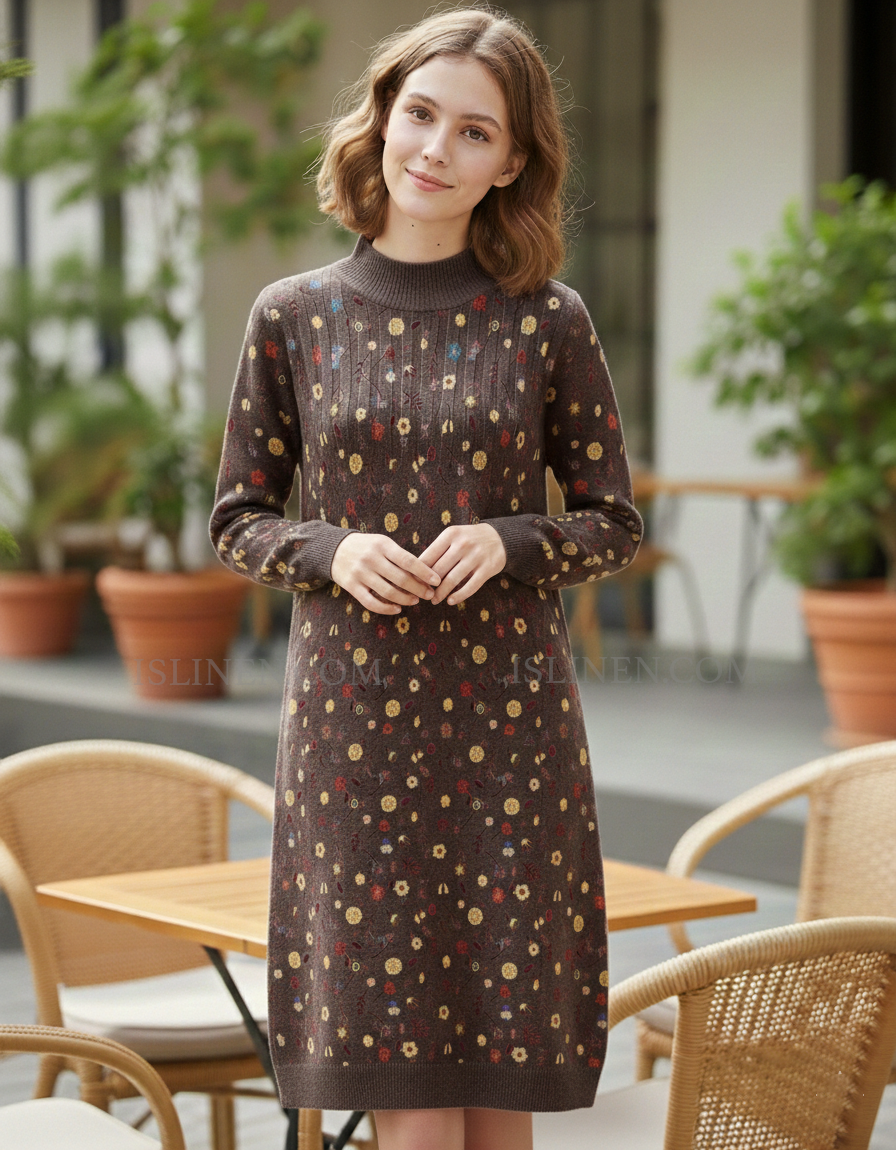 Women’s coffee vintage floral long sleeve casual dress