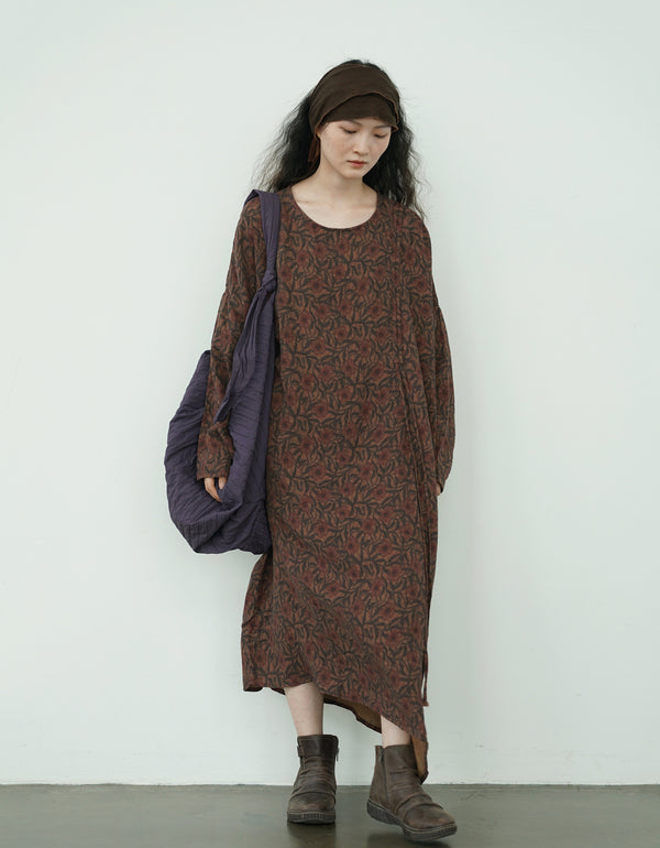 Vintage Floral Long Sleeve Organic Linen Dress