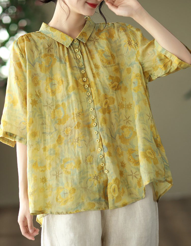 Vintage Floral Loose Fit Cotton Linen Shirt