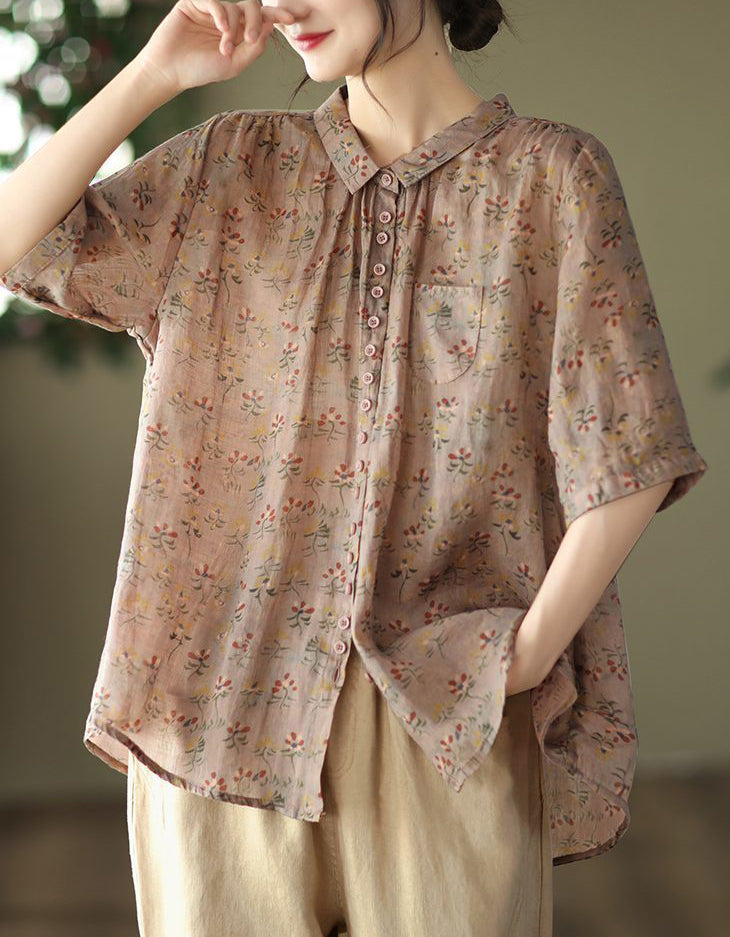 Vintage Floral Loose Fit Cotton Linen Shirt