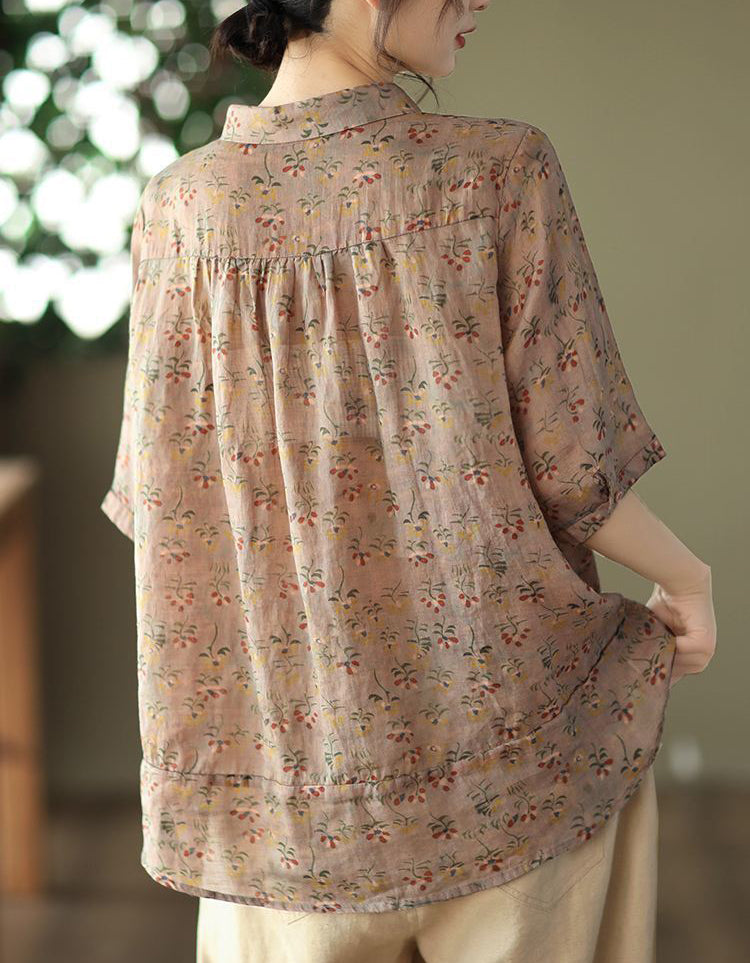 Vintage Floral Loose Fit Cotton Linen Shirt