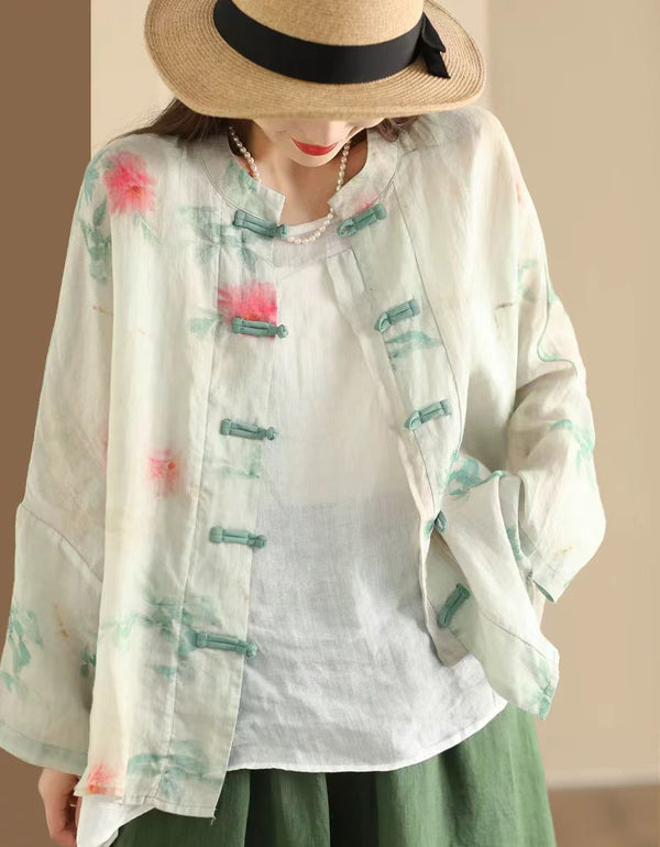 Vintage Floral Mandarin Collar Hanfu Ramie Cardigan