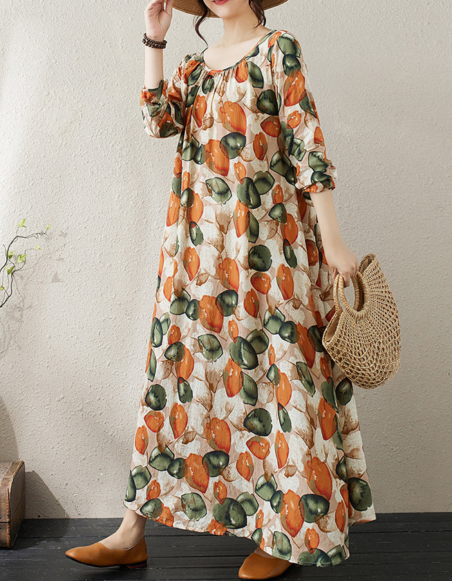 Vintage Floral Oversized Comfy Cotton Linen Maxi Dress