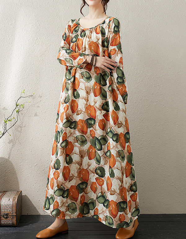 Vintage Floral Oversized Comfy Cotton Linen Maxi Dress