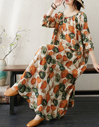 Vintage Floral Oversized Comfy Cotton Linen Maxi Dress
