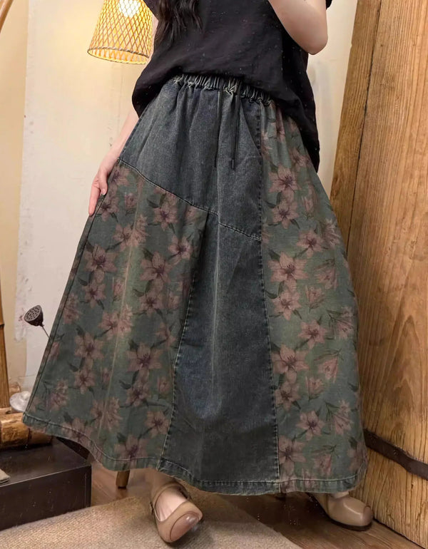Vintage Floral Patchwork Casual Denim Skirt - Islinen