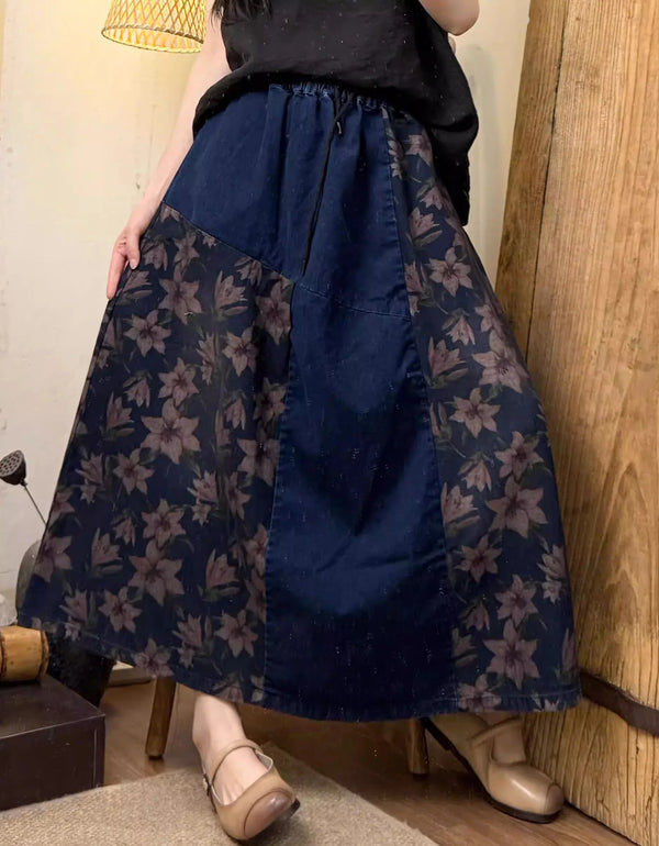 Vintage Floral Patchwork Casual Denim Skirt - Islinen