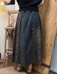 Vintage Floral Patchwork Casual Denim Skirt - Islinen