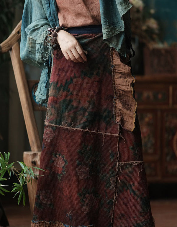 Vintage Floral Patchwork Loose Corduroy Skirt for Women