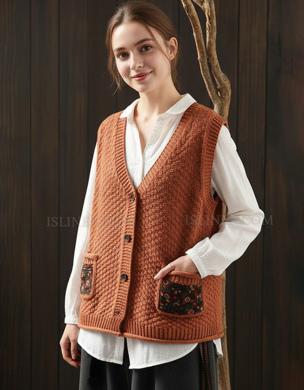 Vintage orange knit sweater vest women button front layered look