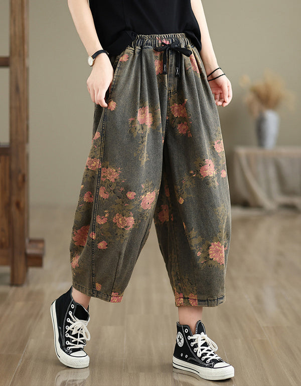 Vintage Floral Print Denim Wide Leg Pants