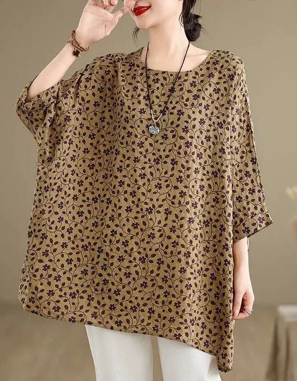 Vintage Floral Print Loose Casual Tunic Shirt - Islinen