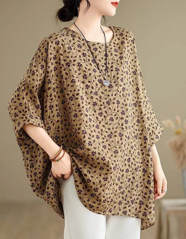 Vintage Floral Print Loose Casual Tunic Shirt - Islinen