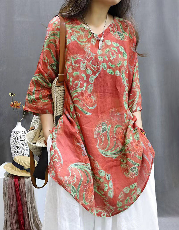 Vintage Floral Loose Linen Shirt Dress