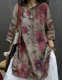 Vintage Floral Print Ramie Loose Linen Tunic