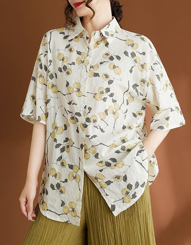 women vintage linen printed button-up shirt front view