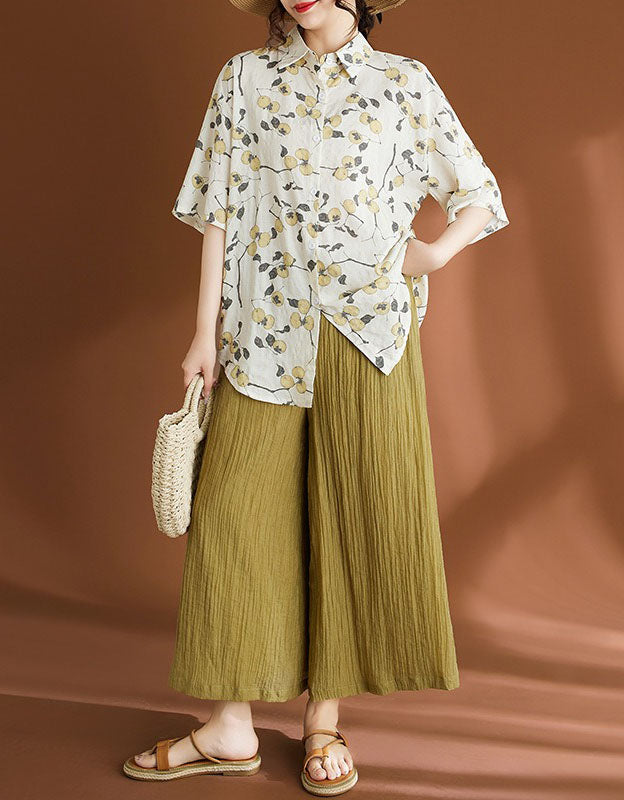women loose fit linen short sleeve shirt with floral print